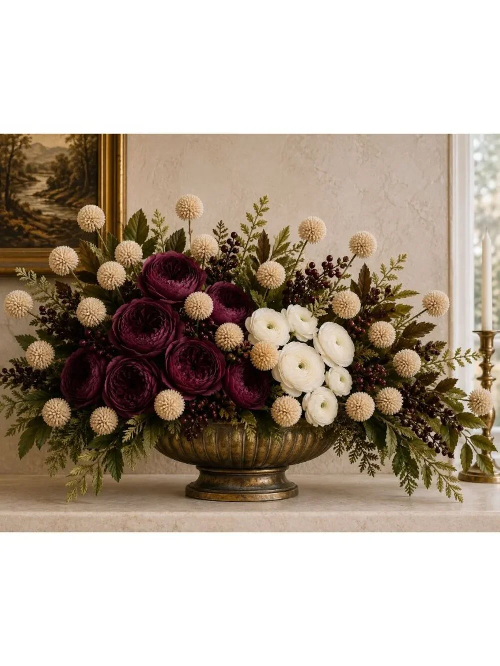 Warm Taupe Beige Pom Pom Chrysanthemum Stems Set of 2, 20 Inch Artificial Silk F